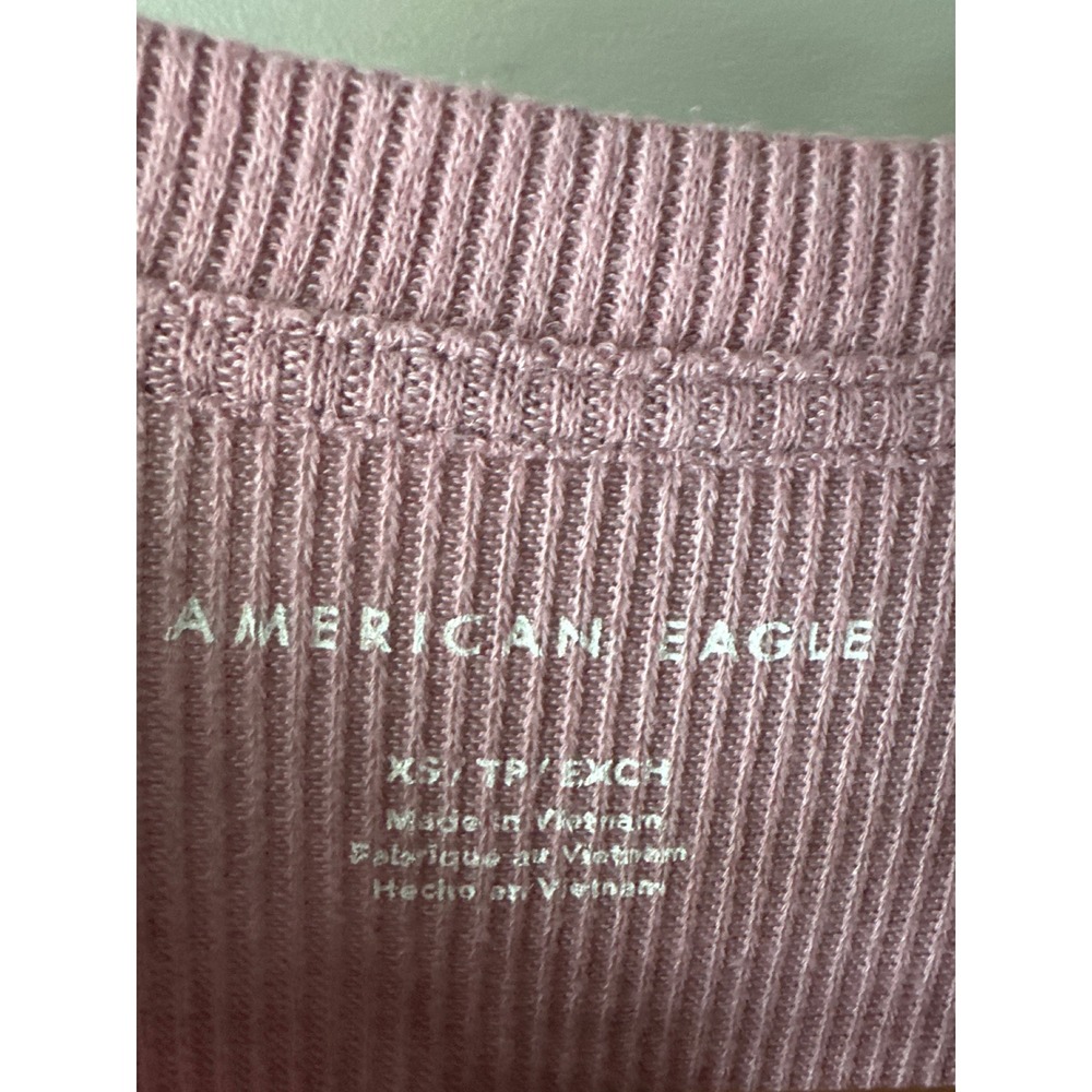 American‎ Eagle Dusty Rose Pink Ribbed Henley Cropped T Shirt Lettuce Hem Tee XS - Picture 4 of 10